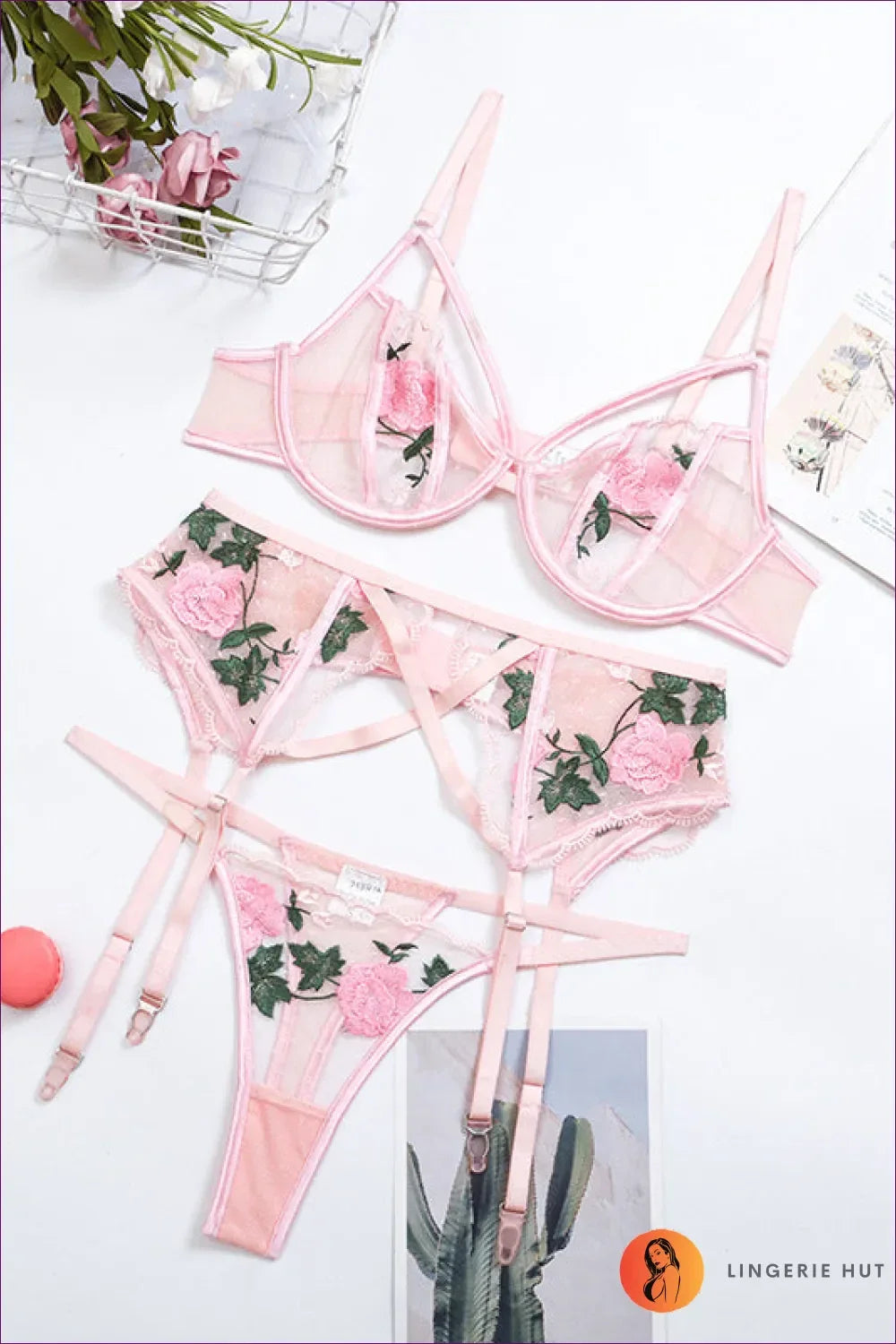 Make a Statement In The Bedroom With Our Floral Lace Mesh Harness Bra Set. Soft Sheer Mesh, Floral Lace,