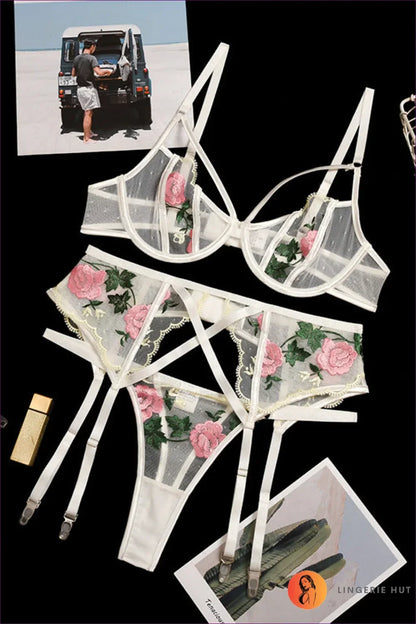 Make a Statement In The Bedroom With Our Floral Lace Mesh Harness Bra Set. Soft Sheer Mesh, Floral Lace,
