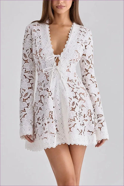Floral Lace Mini Dress with Tie-front Neckline - First Date Ready - Oyrina
