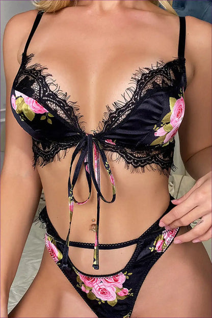 Floral Lace Thong Lingerie Set with Tie Front - Romantic Allure for Boudoir, Bra Set, Cutout, Date Night,