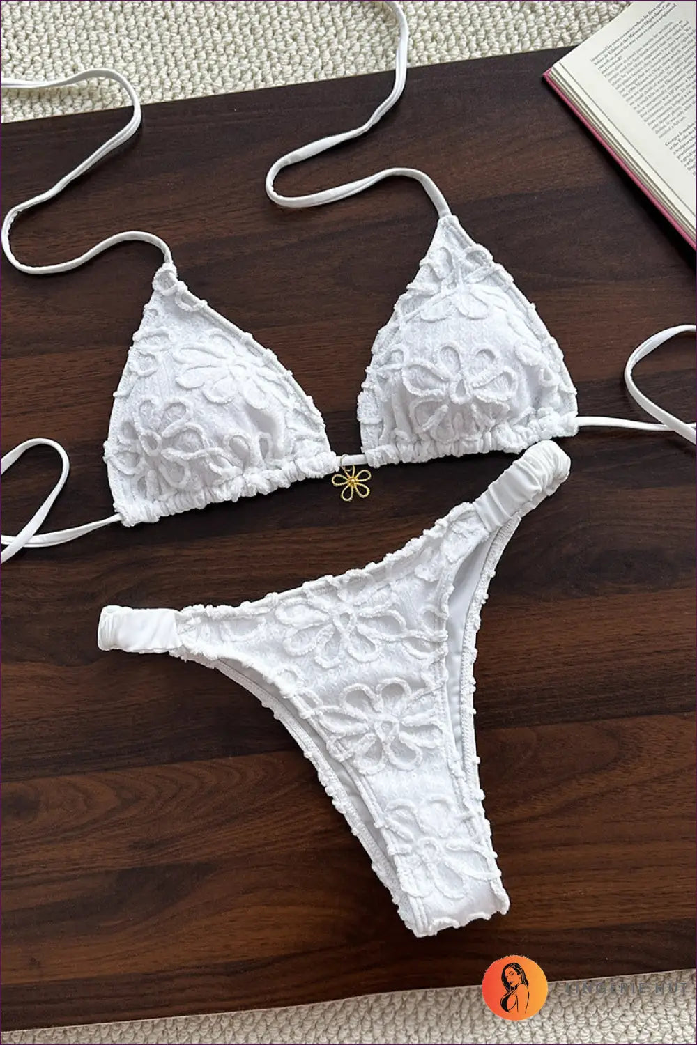 Floral Lace Triangle Bikini with Halter Tie - Sunlit Garden Hours - s / White - Beachwear • Boho • just in • Polyester