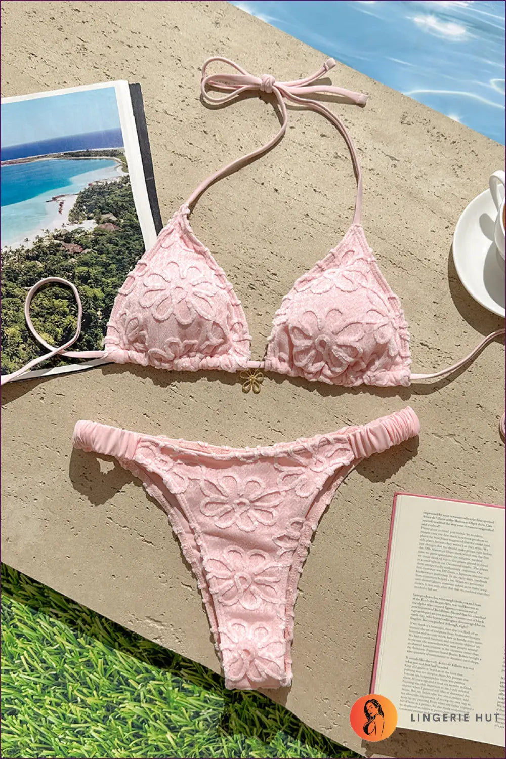 Floral Lace Triangle Bikini with Halter Tie - Sunlit Garden Hours - s / Pink - Beachwear • Boho • just in • Polyester