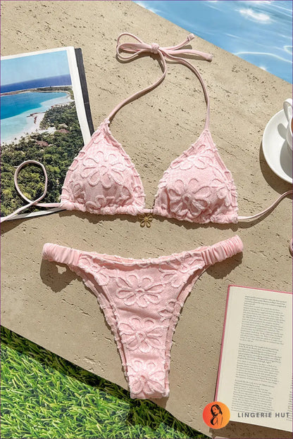 Floral Lace Triangle Bikini with Halter Tie - Sunlit Garden Hours - s / Pink - Beachwear • Boho • just in • Polyester