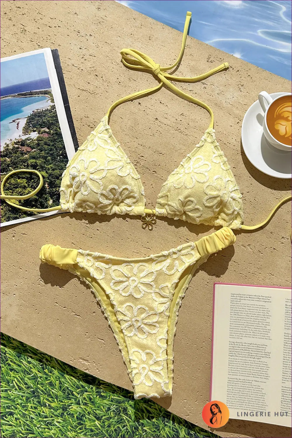 Floral Lace Triangle Bikini with Halter Tie - Sunlit Garden Hours - s / Yellow - Beachwear • Boho • just in • Polyester