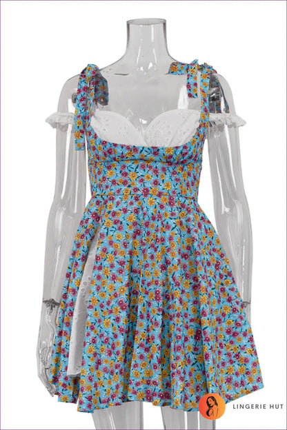 Floral Lace-up Mini Dress - Effortless Summer Elegance - s / Blue - Dresses - Lingerie Hut - A-line • Casual • Cotton