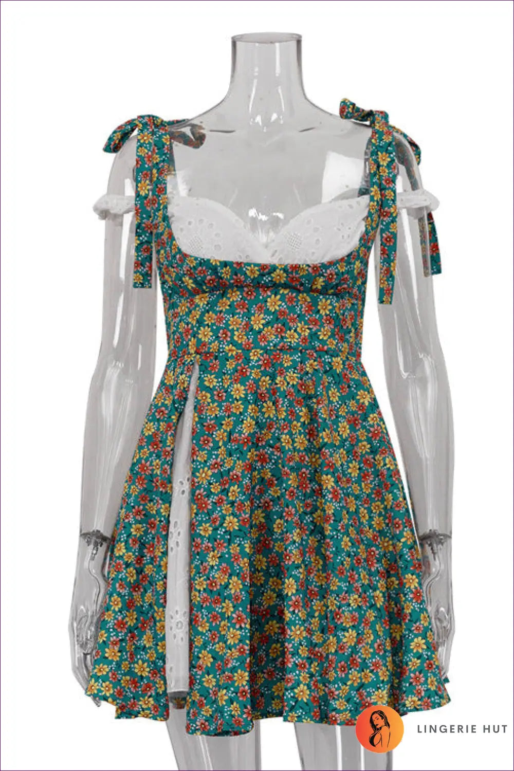 Floral Lace-up Mini Dress - Effortless Summer Elegance - s / Green - Dresses - Lingerie Hut - A-line • Casual • Cotton