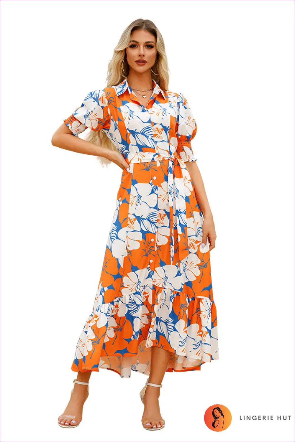 Floral Maxi Dress with Belted Waist - Garden Party Ready - s / Orange - Dresses - Lingerie Hut - A-line • Beachwear