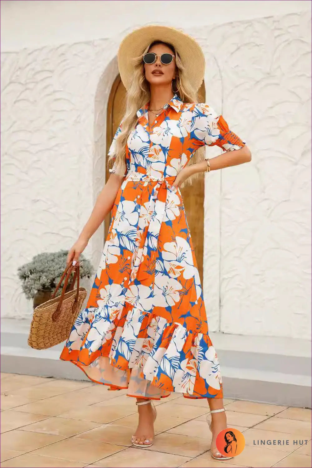 Floral Maxi Dress with Belted Waist - Garden Party Ready - Dresses - Lingerie Hut - A-line • Beachwear • Casual