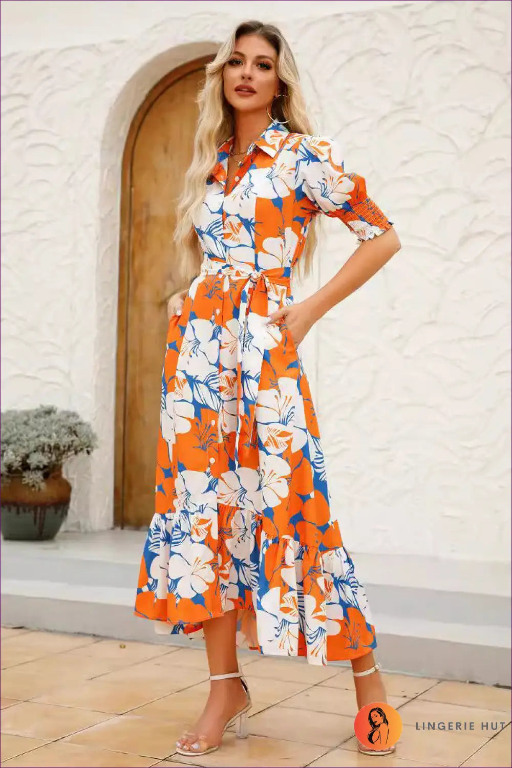Floral Maxi Dress with Belted Waist - Garden Party Ready - Dresses - Lingerie Hut - A-line • Beachwear • Casual