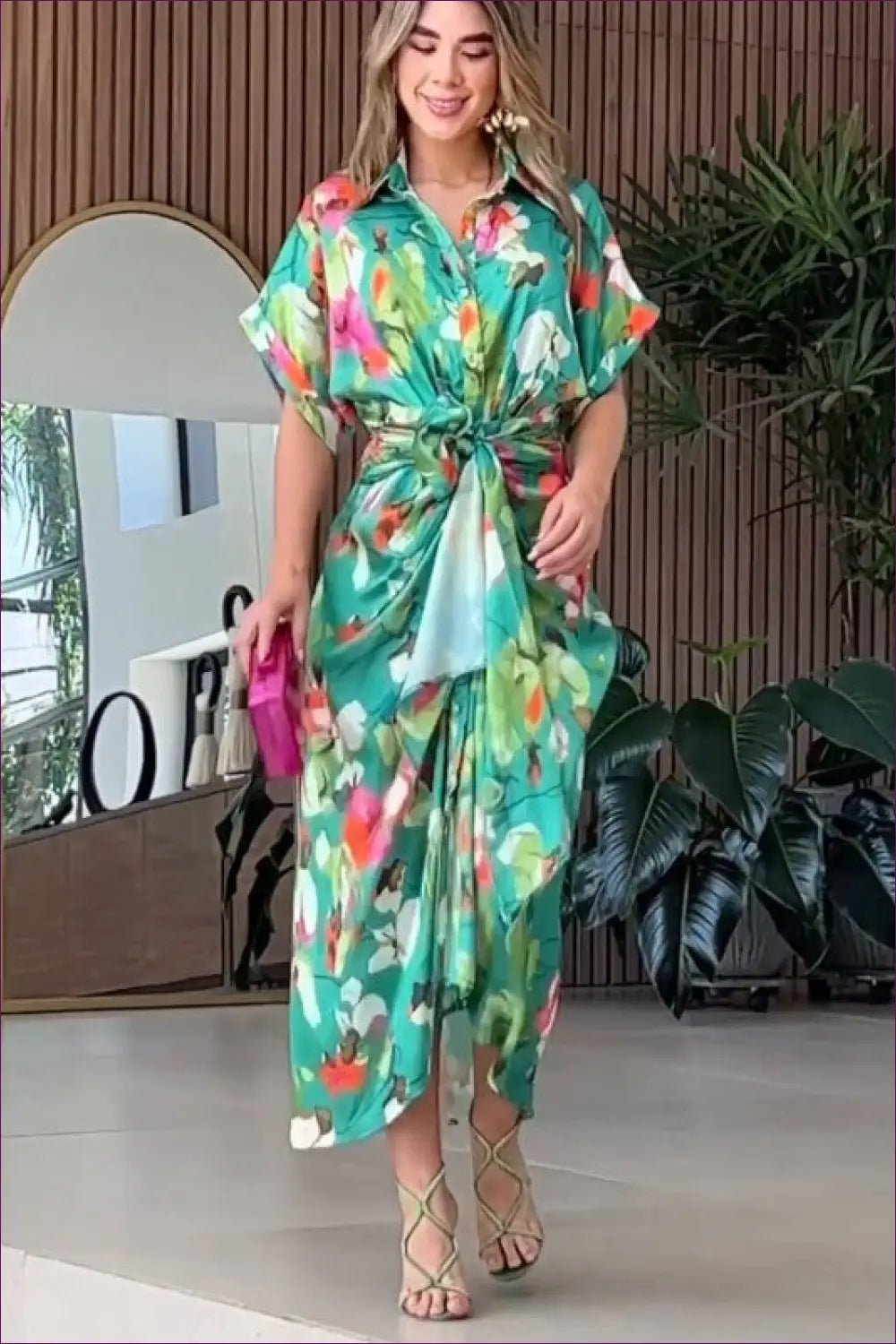 Floral Shirt Dress - Garden Party Ready - s / Green - Dresses - A-line • Casual • Clothing • Elegant - Lingerie Hut
