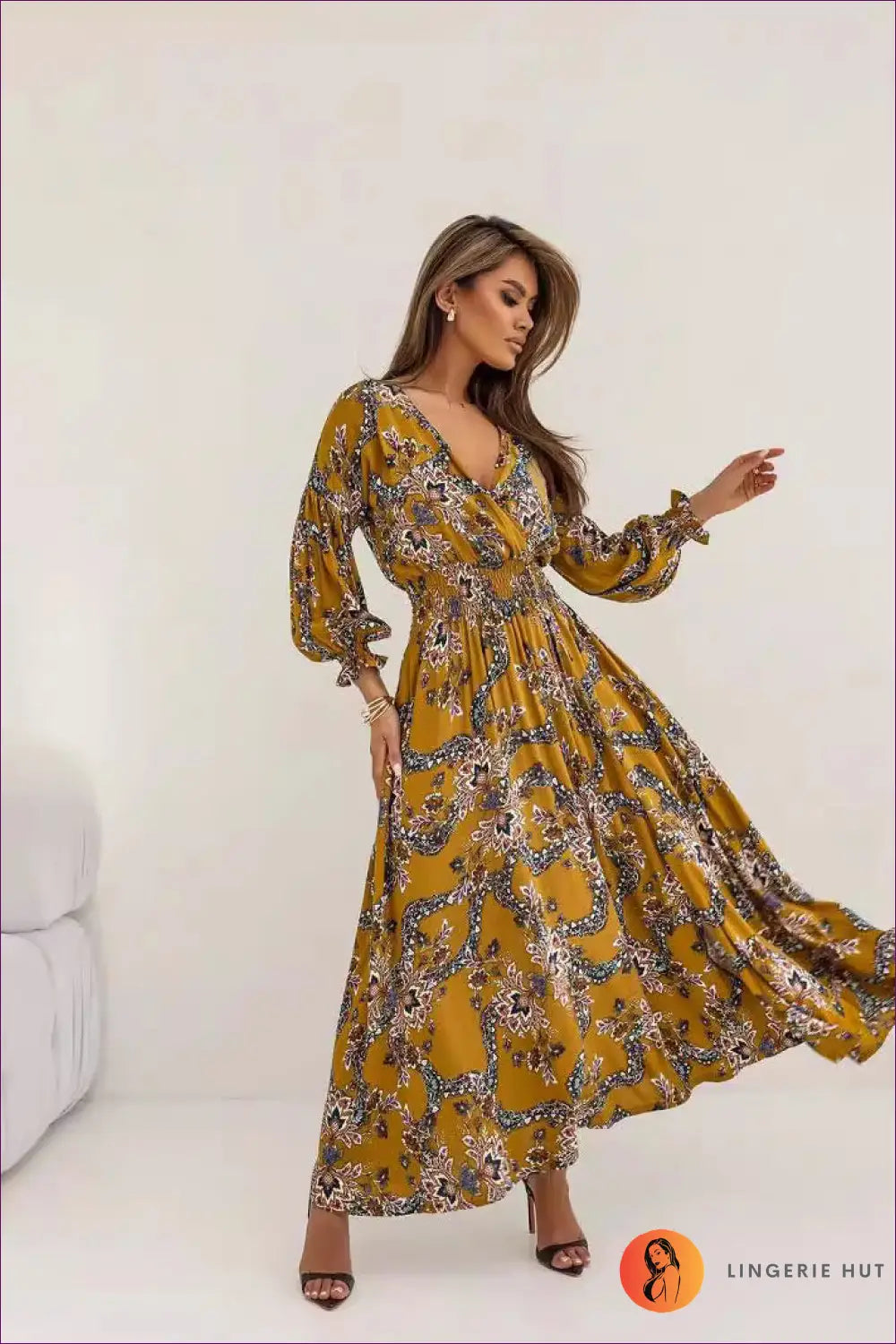 Floral Maxi Dress with V-neck - Garden Party Ready - s / Yellow - Dresses - Lingerie Hut - Boho • Casual • Everyday