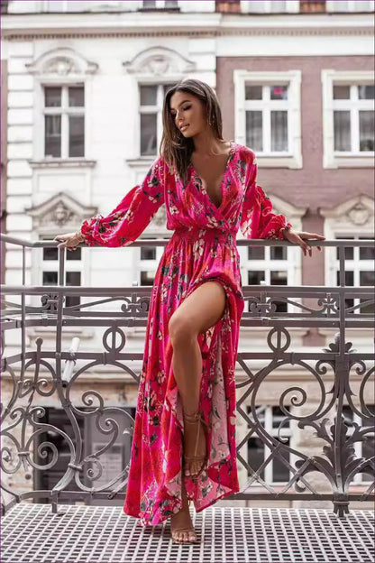 Floral Maxi Dress with V-neck - Garden Party Ready - s / Red - Dresses - Lingerie Hut - Boho • Casual • Everyday