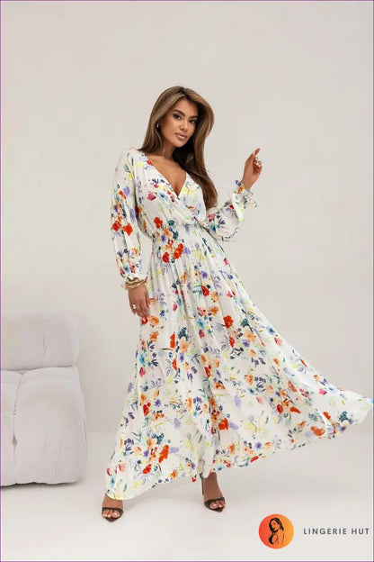 Floral Maxi Dress with V-neck - Garden Party Ready - s / White - Dresses - Lingerie Hut - Boho • Casual • Everyday