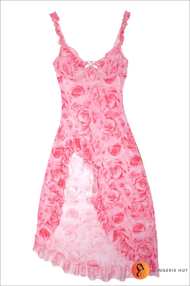 Floral Mesh Babydoll Dress with High Slit and Ruffle Trim - Dreamy