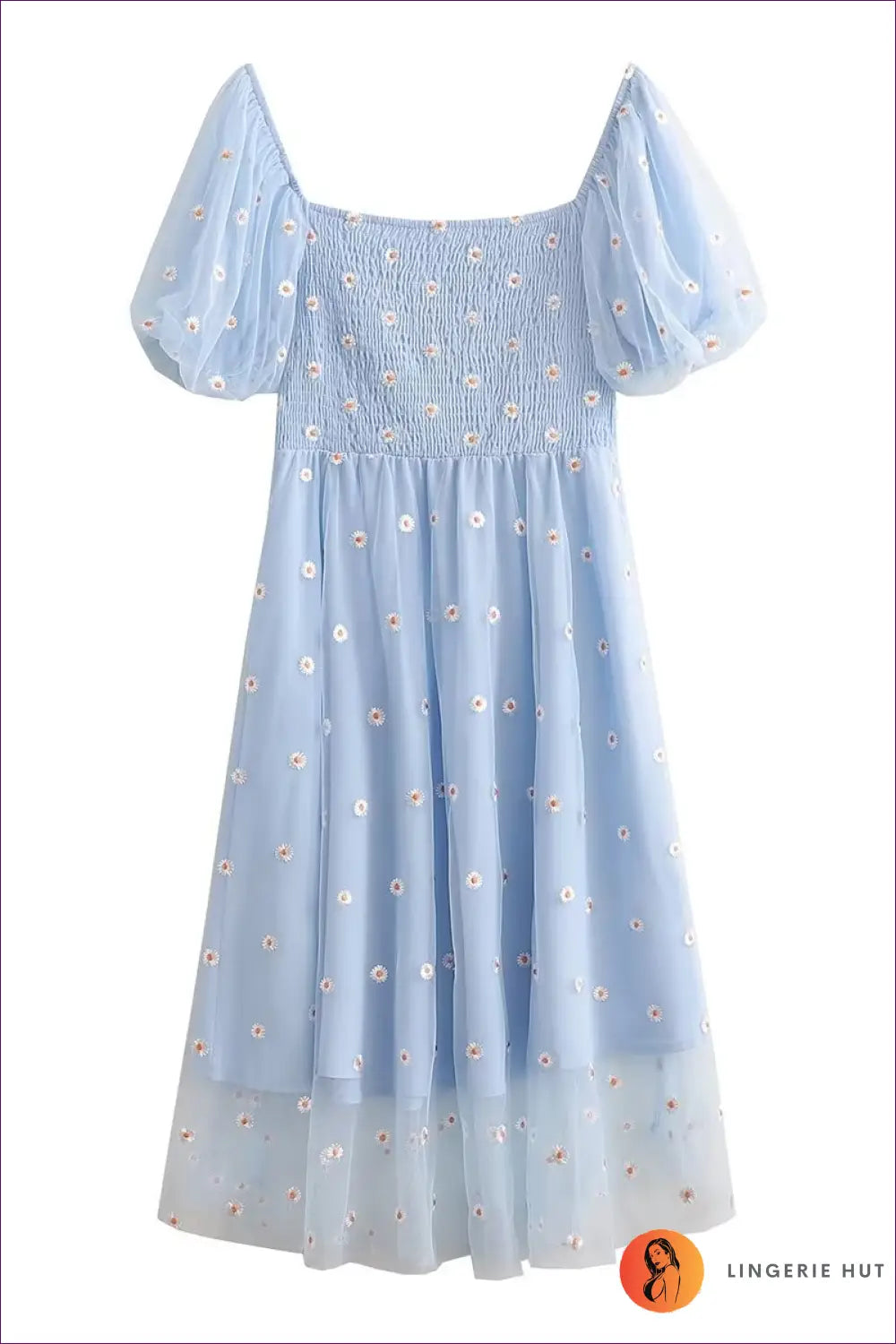 Floral Puff Sleeve Midi Dress - Garden Party Ready - Xs / Blue - Dresses - Lingerie Hut - A-line • Boho • Casual