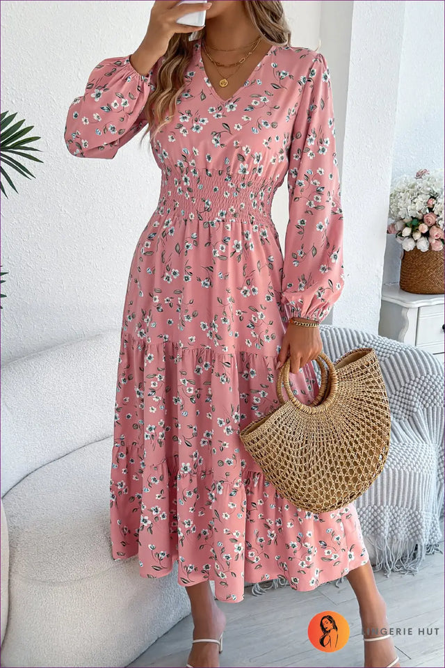 Floral Midi Dress with Smocked Waist - Romantic Charm