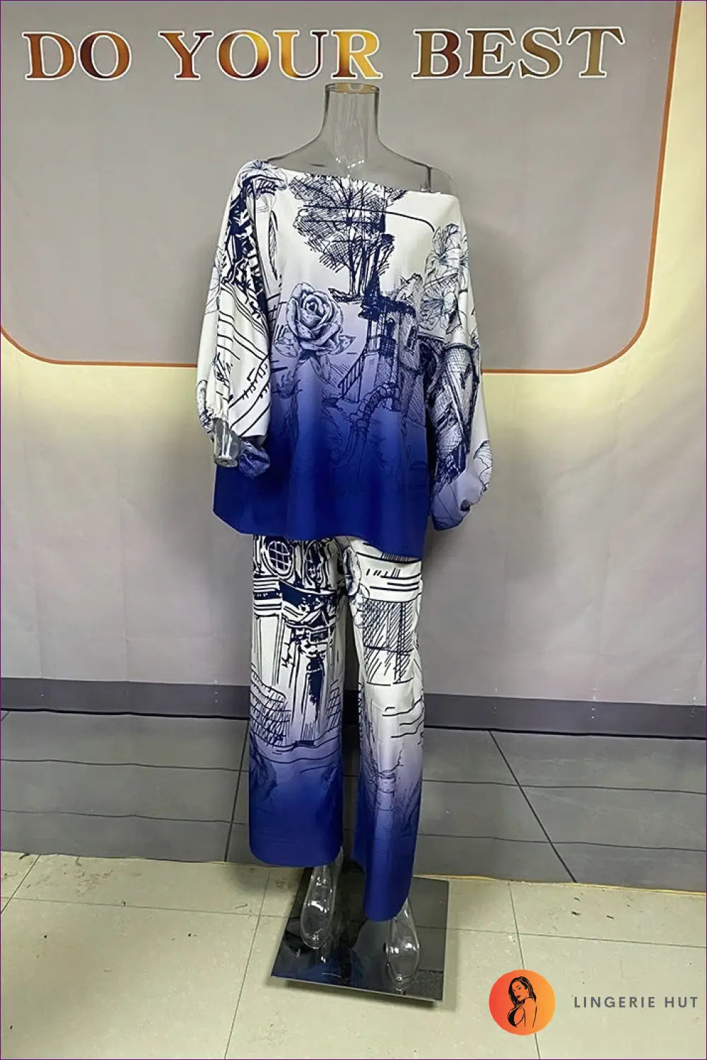 Floral co Ord Set with Batwing Top - Effortless Elegance - s / Navy Blue - Outfit Sets - Lingerie Hut - Autumn • Casual