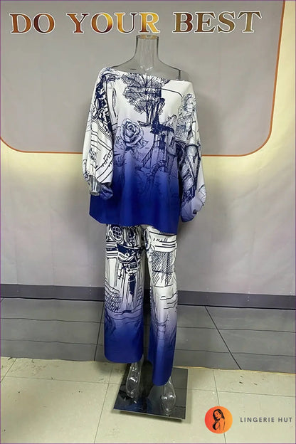 Floral co Ord Set with Batwing Top - Effortless Elegance - s / Navy Blue - Outfit Sets - Lingerie Hut - Autumn • Casual