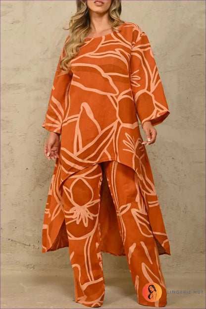 Floral Co-ord Set with Wide-leg Pants - Effortless Elegance - m / Orange - co Ord - Loungewear - Lingerie Hut - Boho