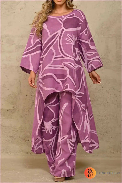 Floral Co-ord Set with Wide-leg Pants - Effortless Elegance - m / Purple - co Ord - Loungewear - Lingerie Hut - Boho