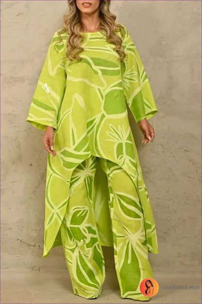 Floral Co-ord Set with Wide-leg Pants - Effortless Elegance - m / Green - co Ord - Loungewear - Lingerie Hut - Boho