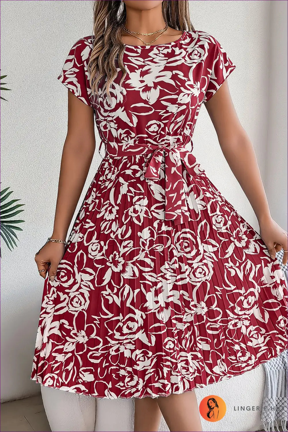 Floral Pleated Midi Dress - Garden Party Ready - s / Burgundy - Dresses - Lingerie Hut - A-line • Casual • Chiffon