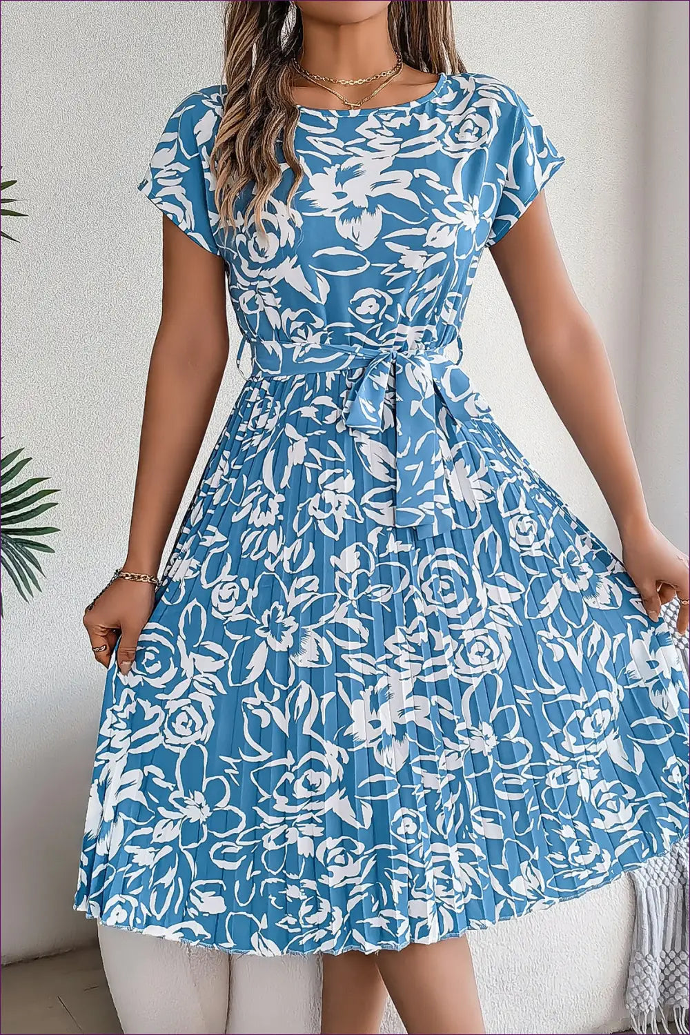 Floral Pleated Midi Dress - Garden Party Ready - s / Light Blue - Dresses - Lingerie Hut - A-line • Casual • Chiffon