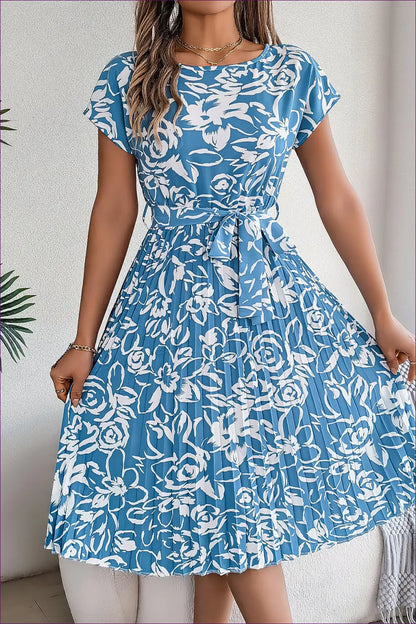 Floral Pleated Midi Dress - Garden Party Ready - s / Light Blue - Dresses - Lingerie Hut - A-line • Casual • Chiffon