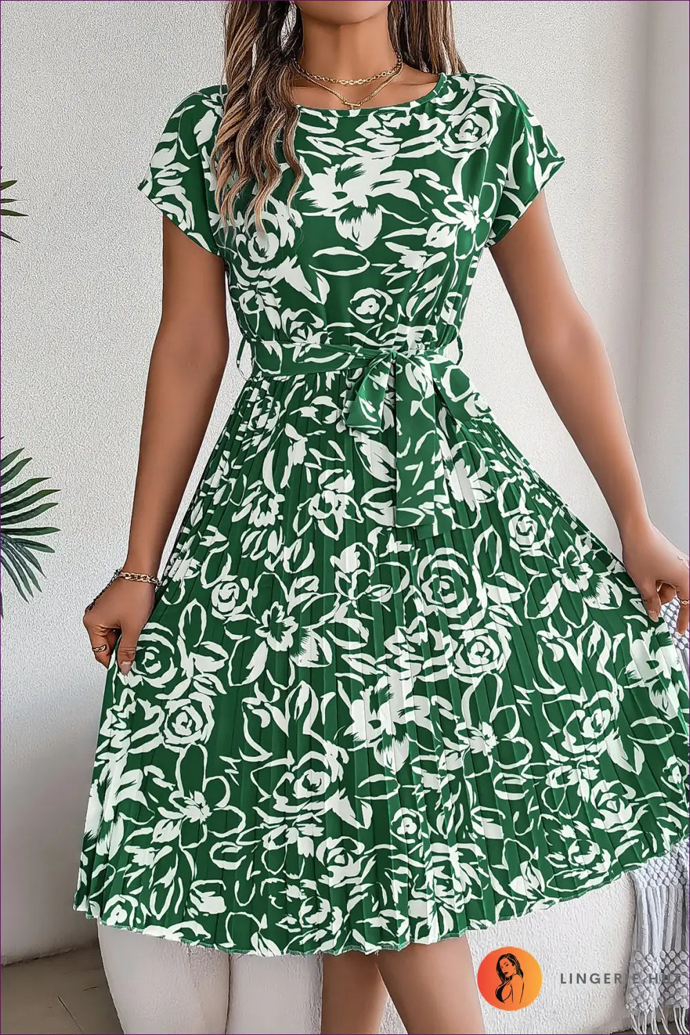 Floral Pleated Midi Dress - Garden Party Ready - s / Green - Dresses - Lingerie Hut - A-line • Casual • Chiffon