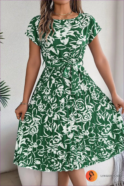 Floral Pleated Midi Dress - Garden Party Ready - s / Green - Dresses - Lingerie Hut - A-line • Casual • Chiffon