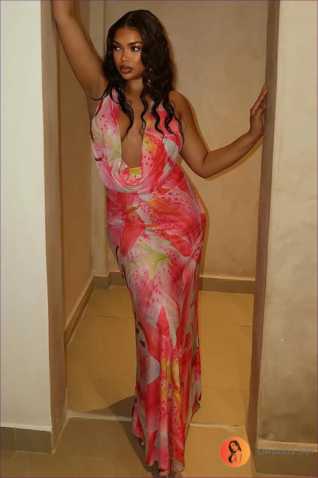 Floral Print Halter Maxi Dress with Cowl Neckline - Evening Romance
