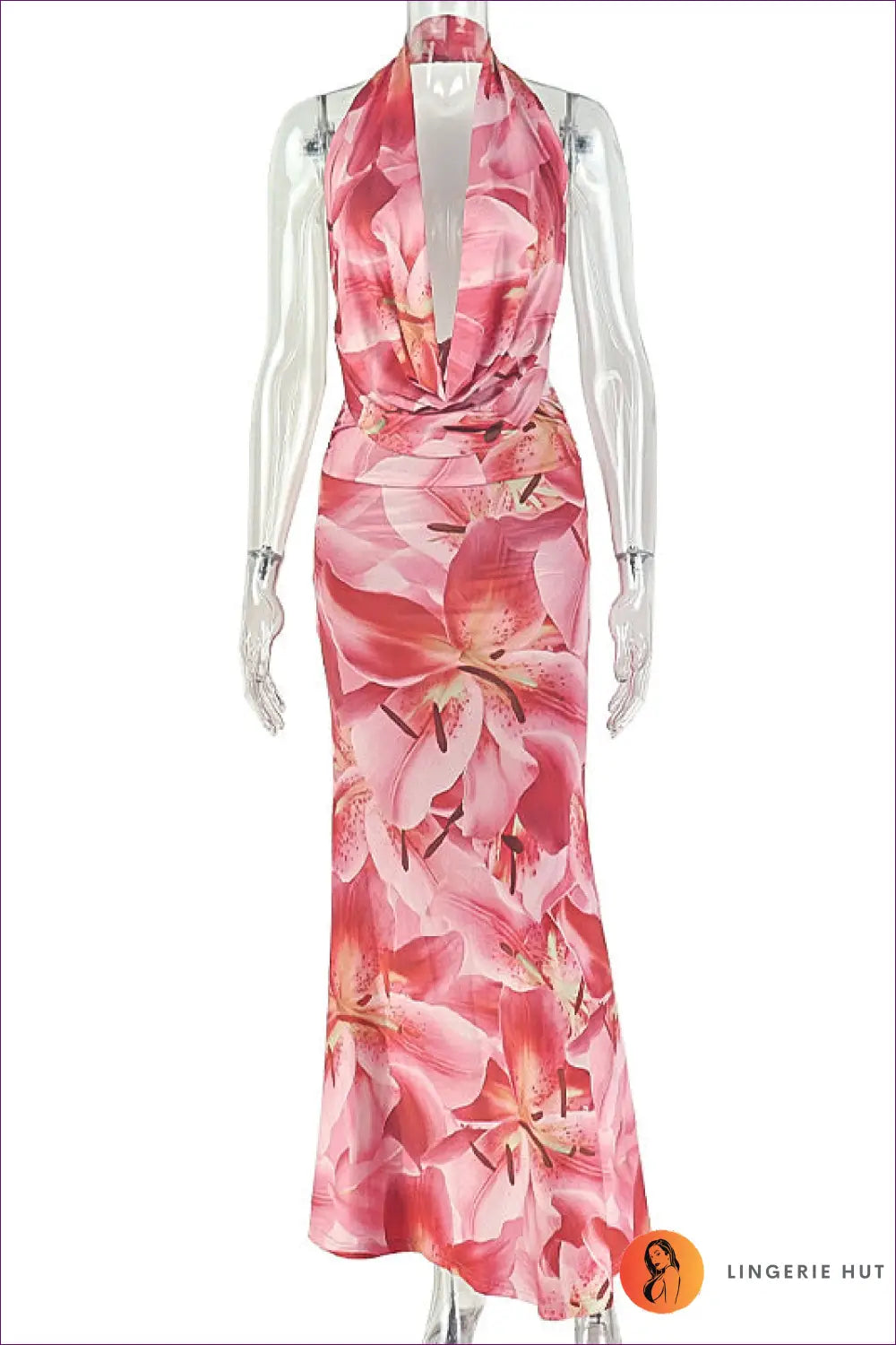 Floral Print Halter Maxi Dress with Cowl Neckline - Evening Romance - s / Red - Backless • Cotton • Date Night