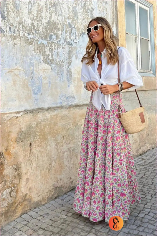 Floral Print Maxi Skirt with Tiered Hem - Boho Vacation Mood for All Season, Boho, Casual, Floral,