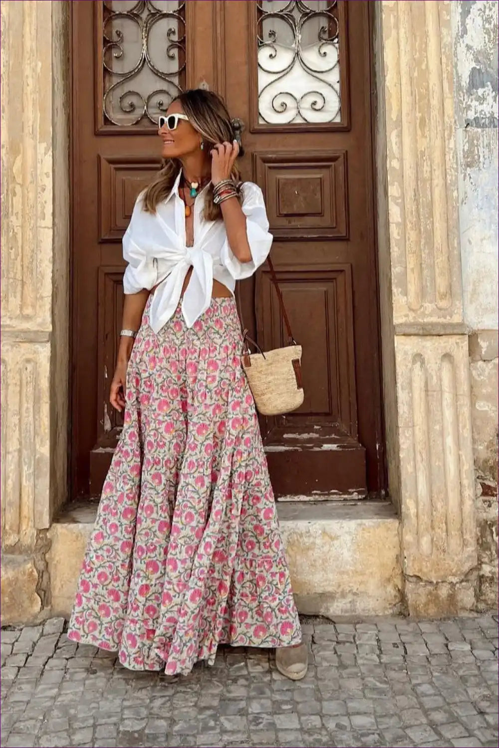 Floral Print Maxi Skirt with Tiered Hem - Boho Vacation Mood for All Season, Boho, Casual, Floral,
