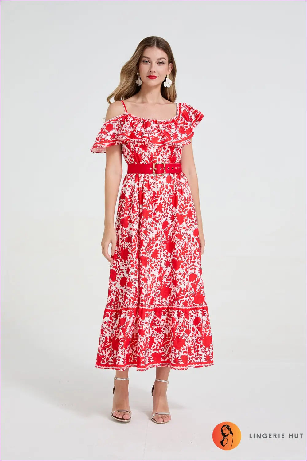 Floral Print Midi Dress - Garden Party Ready - s / Red - Dresses - A-line • Belted • Boho • Casual • Chiffon - Lingerie