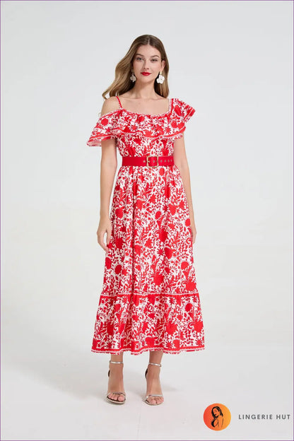 Floral Print Midi Dress - Garden Party Ready - s / Red - Dresses - A-line • Belted • Boho • Casual • Chiffon - Lingerie