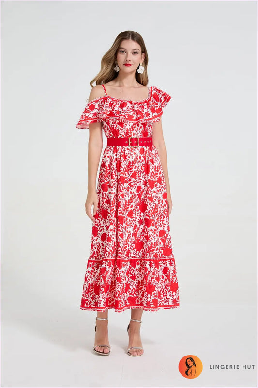 Floral Print Midi Dress - Garden Party Ready - s / Red - Dresses - Lingerie Hut - A-line • Boho • Casual • Chiffon