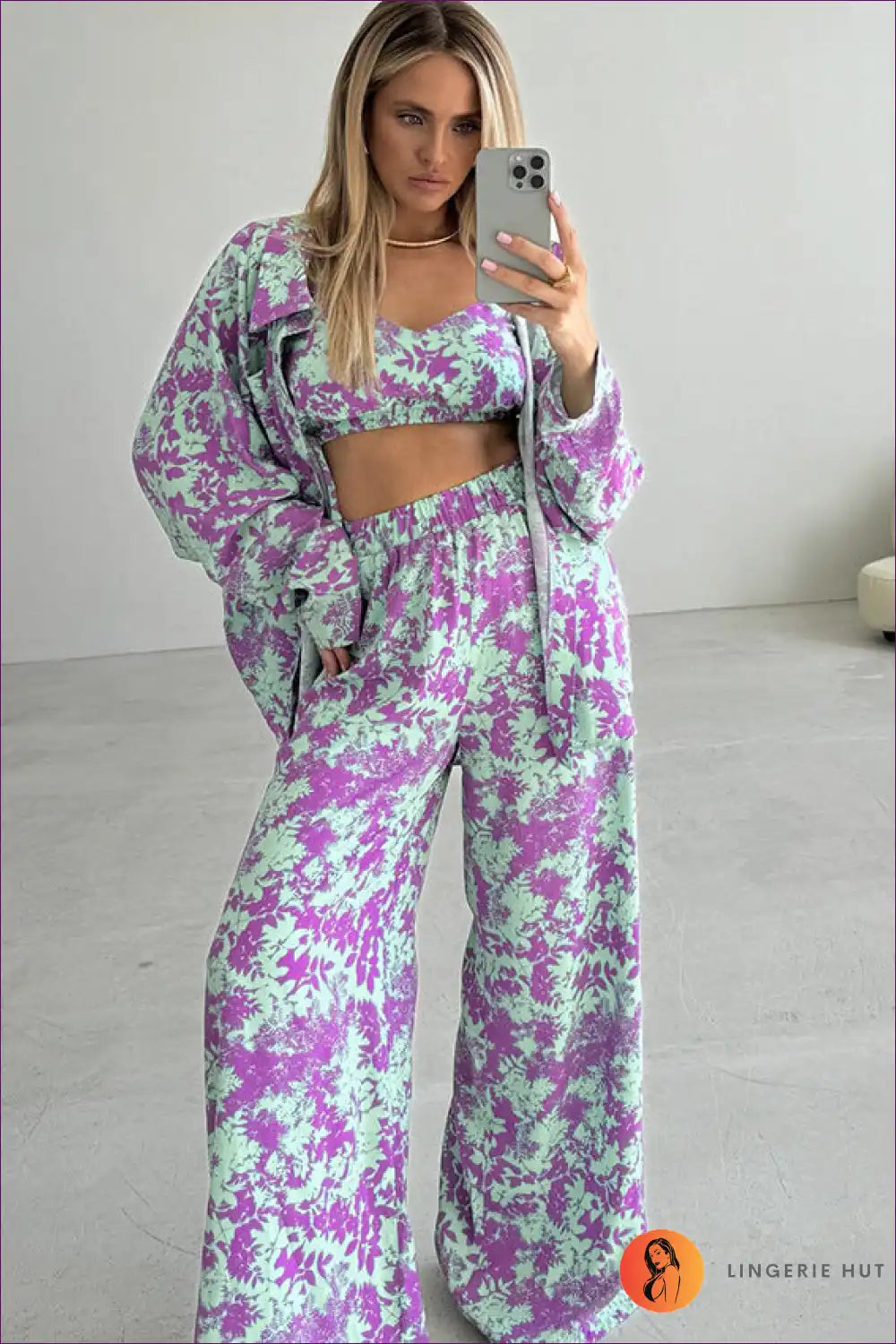 Floral Print Three-piece Lounge Set - Vibrant & Cozy for Casual, co Ord, Everyday, Glamour,