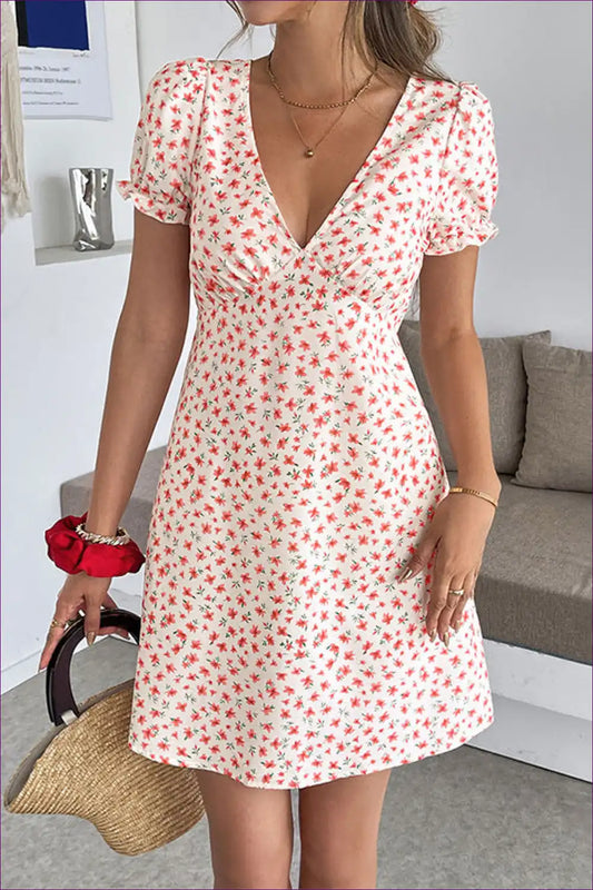 Floral Puff Sleeve Mini Dress with v Neck - Summer Sweetness for a Line, Boho, Casual, Everyday,
