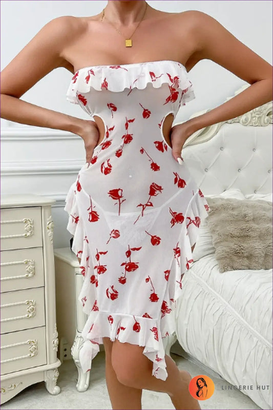 Floral Ruffled Nightdress with Mesh Cut-outs - Summer Evenings Sorted - s / White - Lingerie Hut - Casual • Cutout
