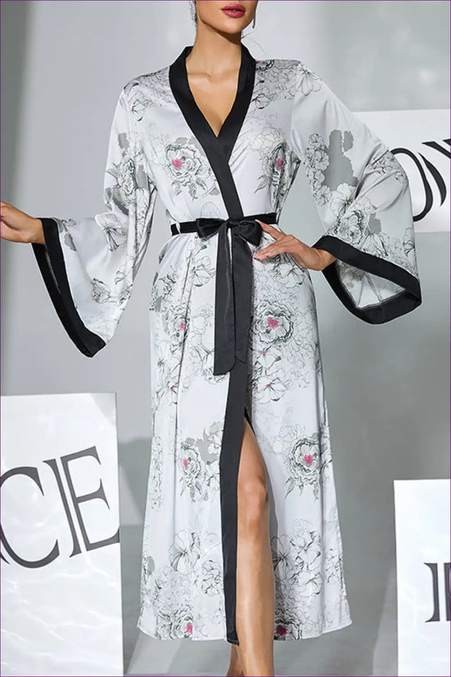 Floral Satin Maxi Robe with Contrast Trim - Elegant Home Retreat