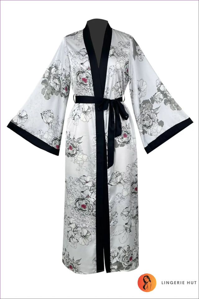 Floral Satin Maxi Robe with Contrast Trim - Elegant Home Retreat