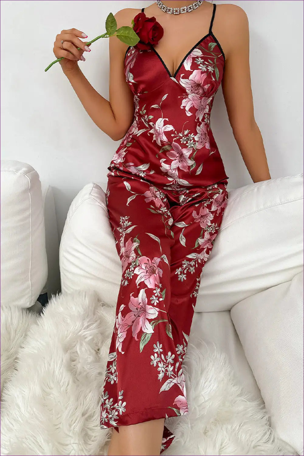 Floral Satin Pyjama Set - Summer Evenings Sorted - s / Red - Loungewear - Lingerie Hut - Casual • Everyday • Modest