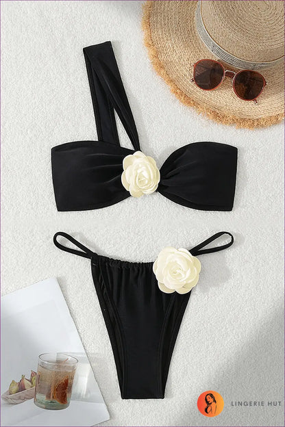 Floral One-shoulder Bikini - Summer Evenings Sorted - s / Black - Swimwear - Lingerie Hut - Beachwear • Boho • Cutout