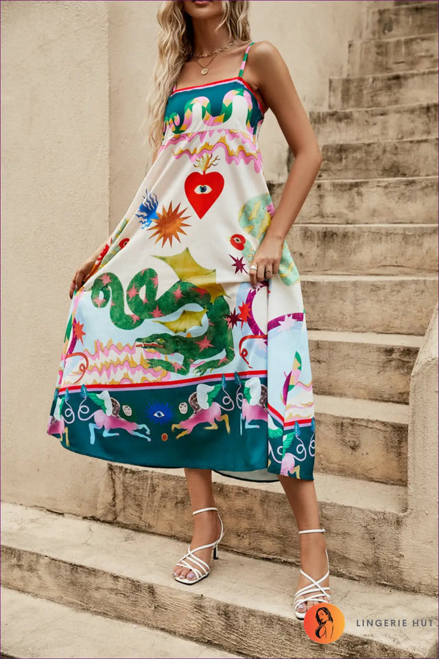Graphic Print Slip Maxi Dress - Holiday Evening Essential