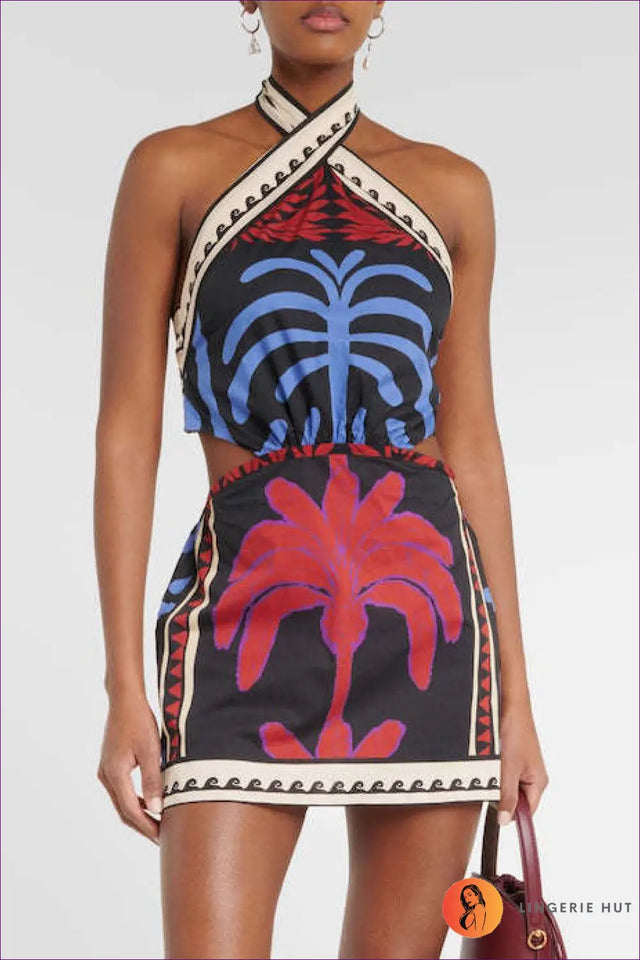 Palm Print Cutout Mini Dress