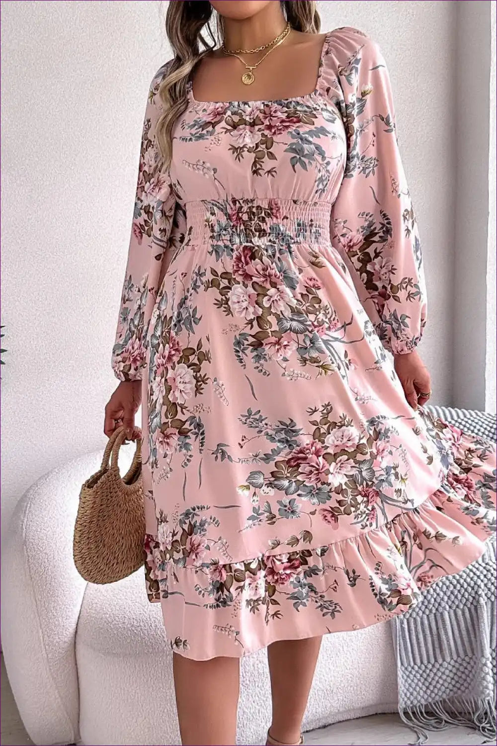 Floral Square Neck Dress with Smocked Waist - Romantic for a Line, Boho, Bridal, Casual,