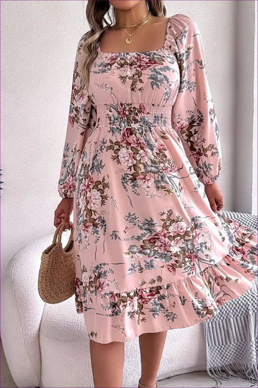 Floral Square Neck Dress with Smocked Waist - Romantic for a Line, Boho, Bridal, Casual,