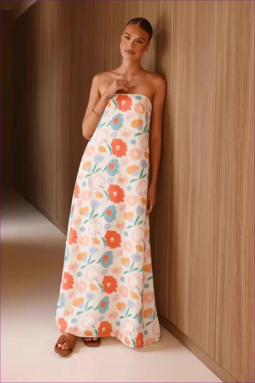 Floral Strapless Maxi Dress with Swing Hem - Vacation Daydream for A-line, Beachwear, Casual, Everyday,