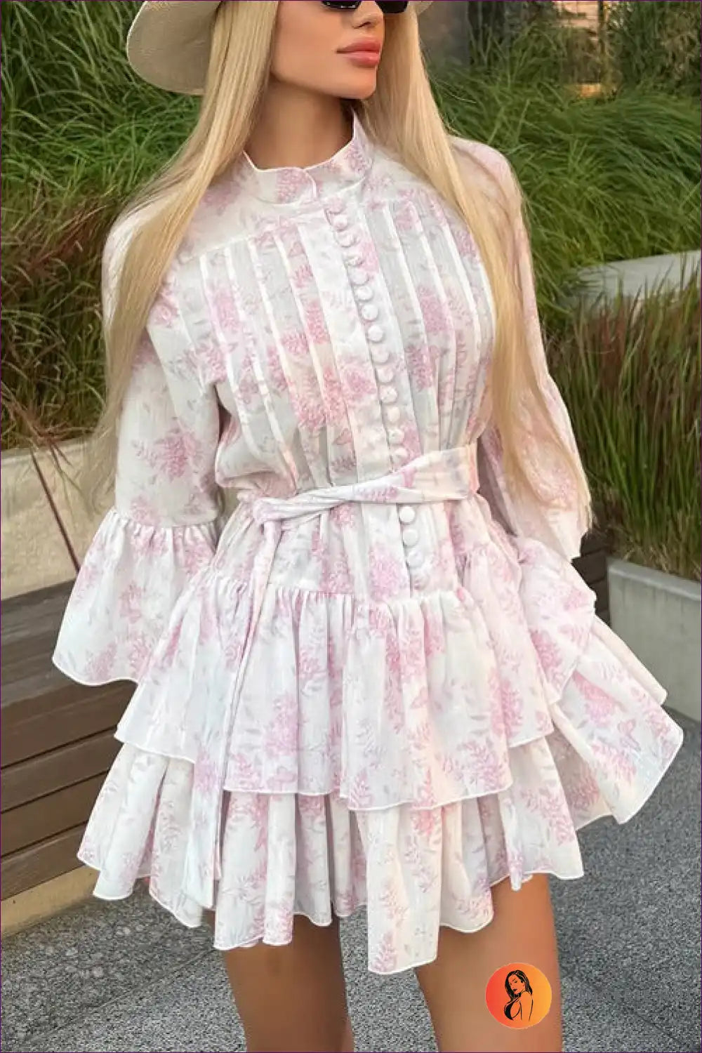 Floral Tiered A-line Mini Dress with Belt - Garden Romance for A-line, Bridal, Casual, Everyday,